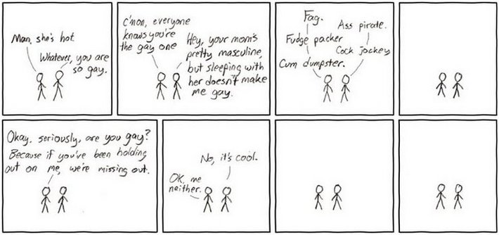This was an actual mock conversation between me and a friend at TGIF. The waitress walked up around panel 5 and was somewhat put off.