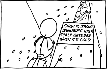 In this exhibit the plaque on the statue of Jesus claims that snow is composed of Jesus' dandruff. This story might be believed because some children take the expression that rain is "God's tears", and this would be a logical extension.