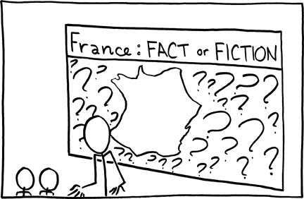 In this exhibit the poster claims that France does not exist. The adult in the comic continues to attempt to convince the children that France does not exist. This is supposed to be funny because the knowledge of France as a country is common. This may be parodying the global warming debate, a common theme in both XKCD and SMBC. It may also be a reference to the Bielefeld Conspiracy.