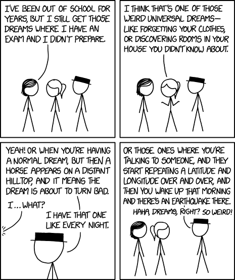 "That's ... unsettling." "Yeah, those definitely don't sound like the normal drea– LATITUDE THREE FIVE POINT..."