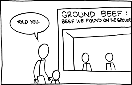 In this exhibit the marquee announces that the concession stand sells ground beef and further explains that ground beef is beef that is found on the ground. The word "ground" here refers to the floor or dirt, but can also be the past tense of the word "grind". This story might be believed by children because the words are spelled and pronounced the same.