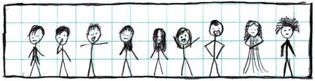 Mal, Simon, Wash, Zoe, River, Kaylee, Jayne, Inara, Book. Original caption: Drawn in honor of the upcoming Serenity! If you work very hard you can figure out who is who.